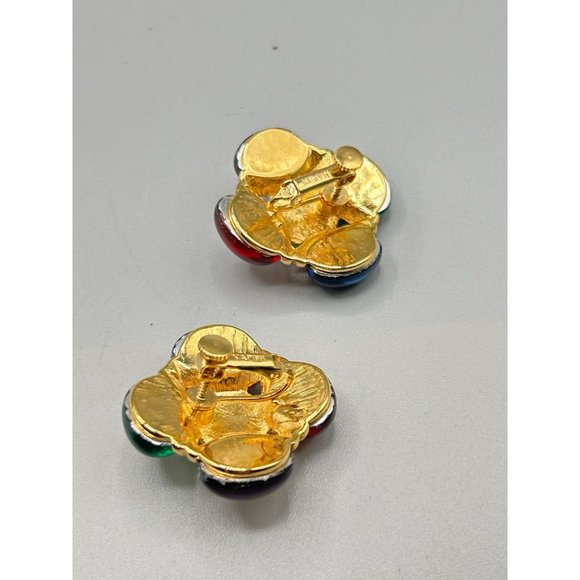 Signed NAPIER Clip On Earrings 80s Jeweled Multicolor Cabochons with Faux Pearls - Picture 4 of 6